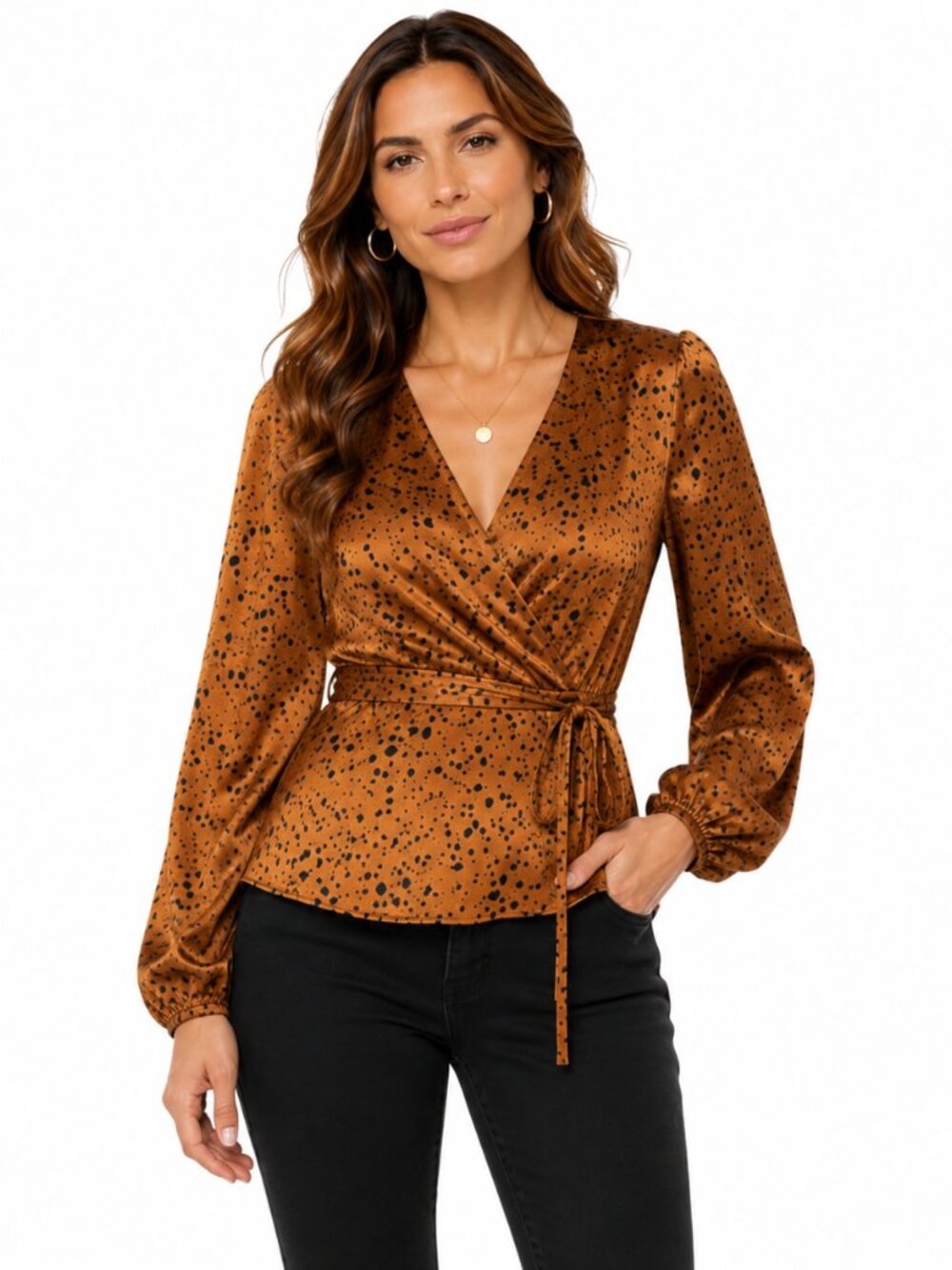 Gilli Satin Animal Print Wrap Top Brown Black Tie Waist Long Sleeve Sz S